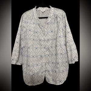 J. Jill White Peasant Contrast-Embroidered Blouse with Blue Stitching Size XL